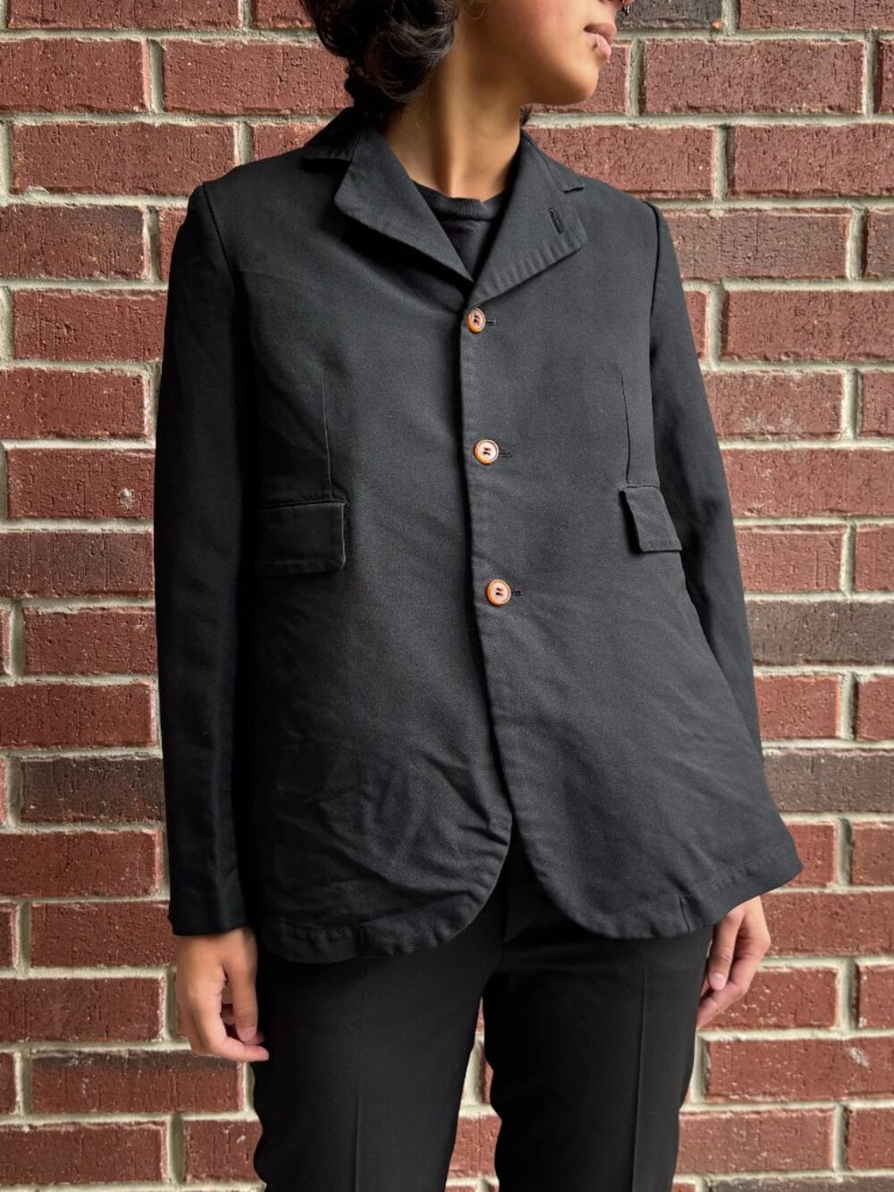 Comme des Garcons Crinkled 3 Button Flared Blazer in Black, size Small